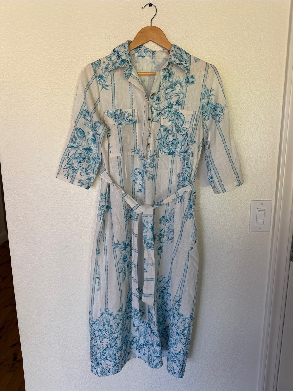 Women's Teal Floral Shirt Dress with Belt